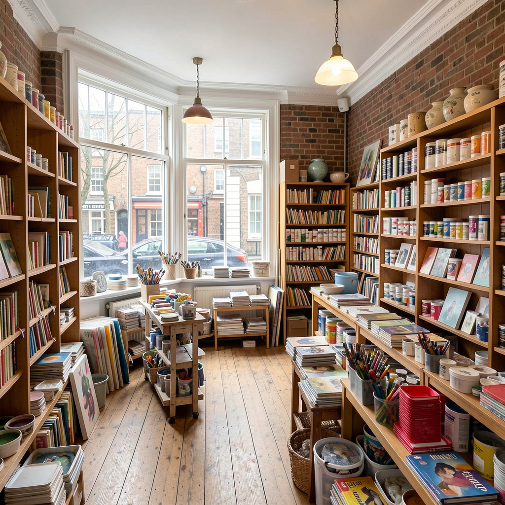 Pryxthelstrtheli art supplies store interior in Bloomsbury London