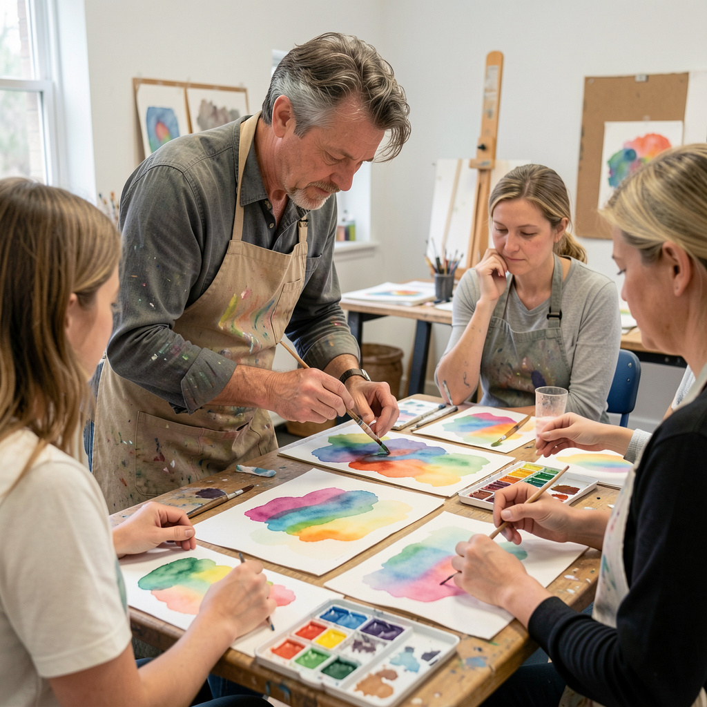 Professional artist demonstrating watercolour techniques to small workshop group