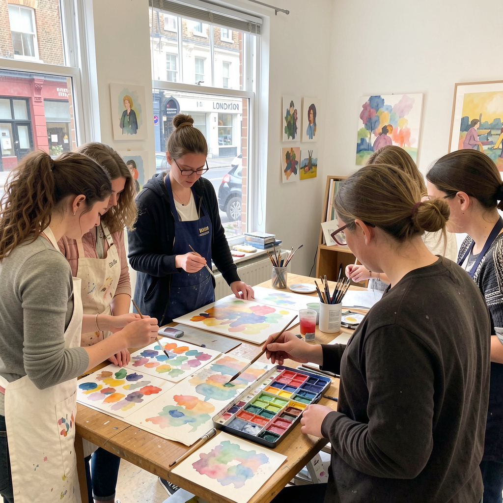 Artist teaching watercolour brushwork techniques in London workshop